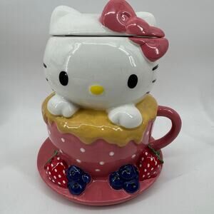 Hello Kitty Tea Cup Cookie Jar Blue Sky Sanrio Ceramic Pink Strawberry